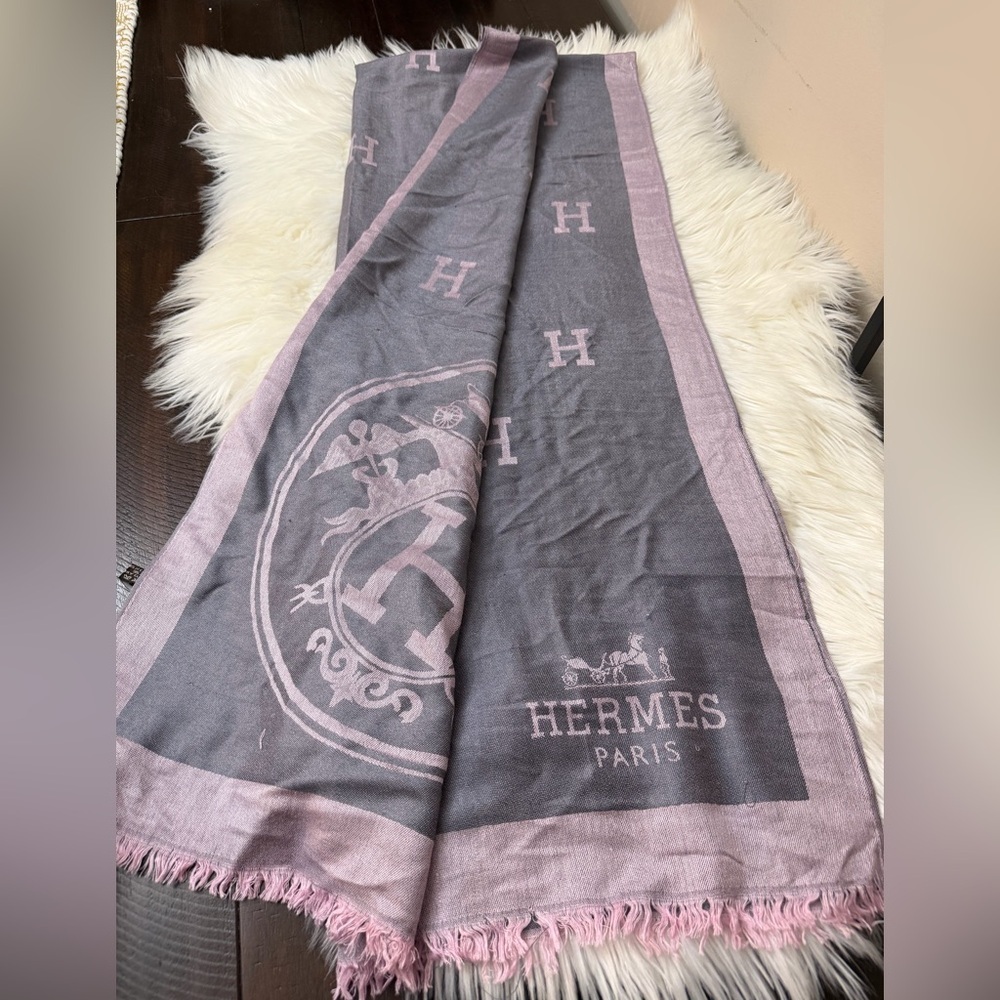 Rare Hermes Shawl Scarf Charcoal and Blush Scarf Hand-woven Vintage - Picture 4 of 6